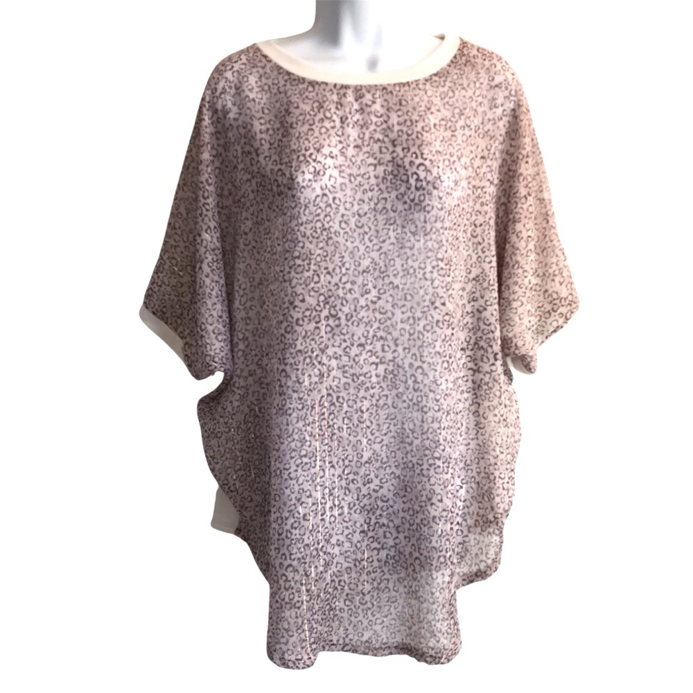 🔴 4/$15 Lovely J Women’s cream tan ss sheer front mixed media top size L in EUC